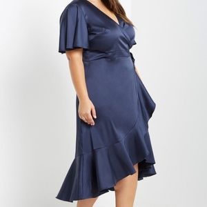 Curvy Queen Navy Satin Wrap Midi Dress